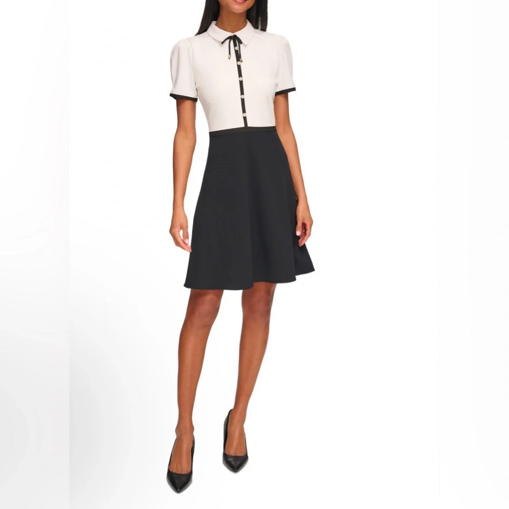 KARL LAGERFELD PARIS Collared Contrast-Trim Dress, Size 14, Black/White, NEW - Picture 2 of 12